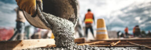 Workers collaborate at a construction site, pouring concrete as one directs cement from a wheelbarrow to a container. The sky creates a dramatic backdrop.