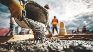 Workers collaborate at a construction site, pouring concrete as one directs cement from a wheelbarrow to a container. The sky creates a dramatic backdrop.